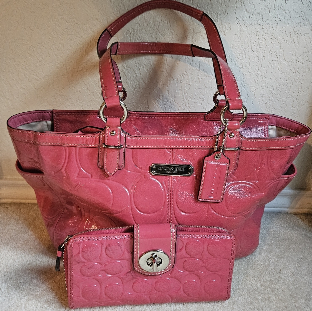 Coach Pink Patent Leather Tote Bag with Signature Embossed Design